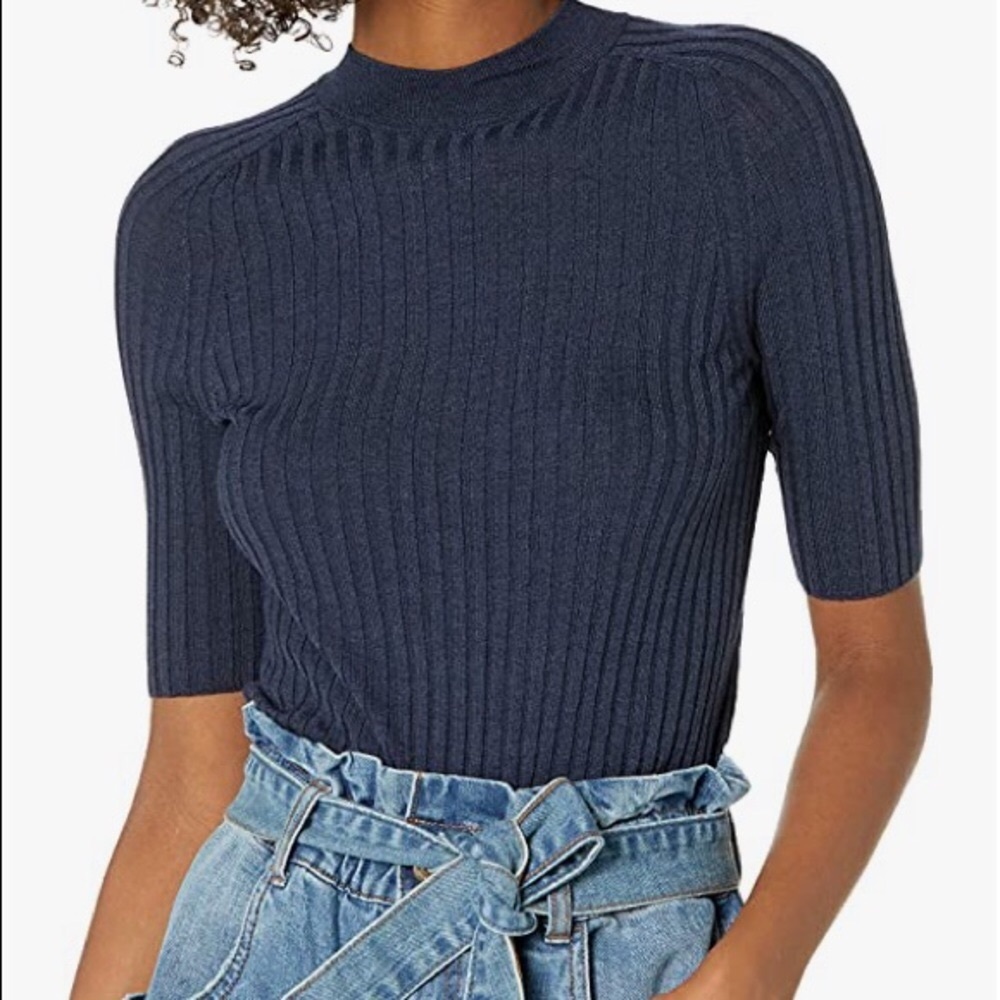 VINCE Wool/Silk Mock Neck Skinny Rib Sweater in Heather Ink